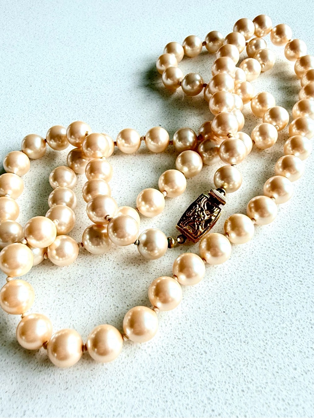 Long Cream Pearl Necklace Monet Gold Filigree Classic Vintage Knotted